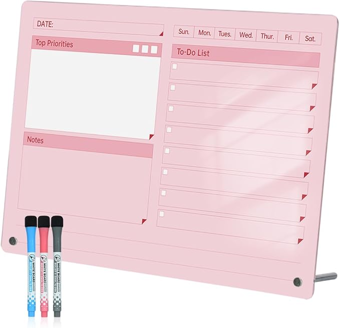 Acrylic Dry Erase to-Do List Board with Top Priorities Notes, 9x13 Desktop Whiteboard Planner with Stand, Daily Task Organizer for Office/Home/School, Includes 3 Dry Erase Markers (Pink)
