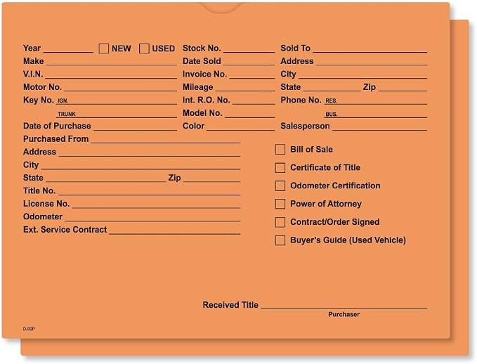 Printed Vehicle Deal Jackets Envelopes Folders for Auto Car Dealerships - 9x12 Size - Dealer Supplies - New and Used Cars - 100 Quantity (Salmon)