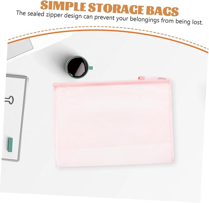 STOBOK Mesh Zipper Pouch Bags 5-Pack 9.25X4.40X0.07In Document Storage Organizer with Rope Ring for Office School Supplies