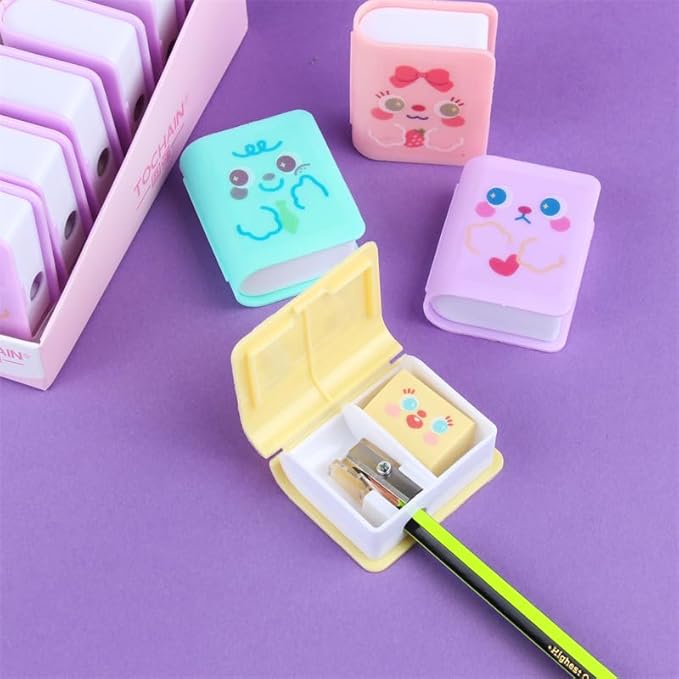 4pcs Multicolour Cute Dual Purpose Book Pencil Sharpener Eraser, Cute Cartoon Student Eraser Pencil Cute,Office and School Supplies