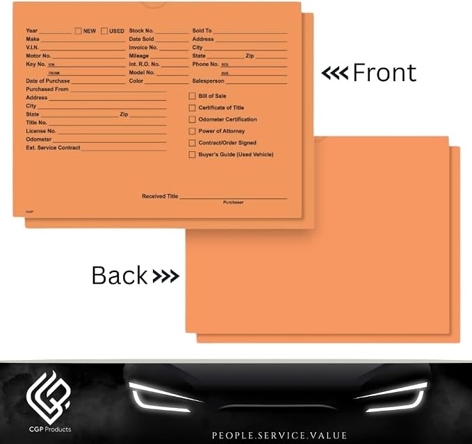Printed Vehicle Deal Jackets Envelopes Folders for Auto Car Dealerships - 9x12 Size - Dealer Supplies - New and Used Cars - 100 Quantity (Salmon)