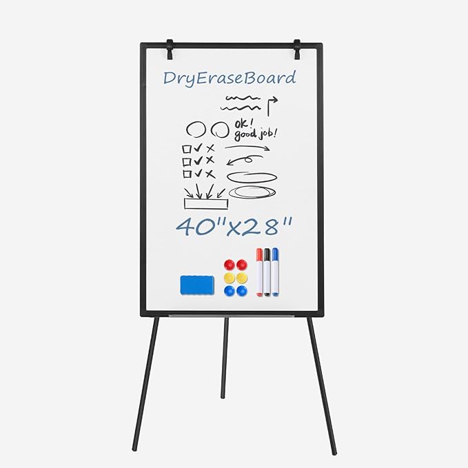 DUMOS Whiteboard Easel 40 x 28 Inches, Magnetic White Board Dry Erase, Porbable Boards Height Adjustable, Dry Erase Board with Stand for School, Office and Home, Silver Aluminium Frame, Black