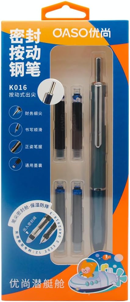 OASO K016 Retractable Fountain Pen Set 0.5mm with 4pcs Blue Ink Cartridges Smooth Writing for School Students (Deep Sea Blue)