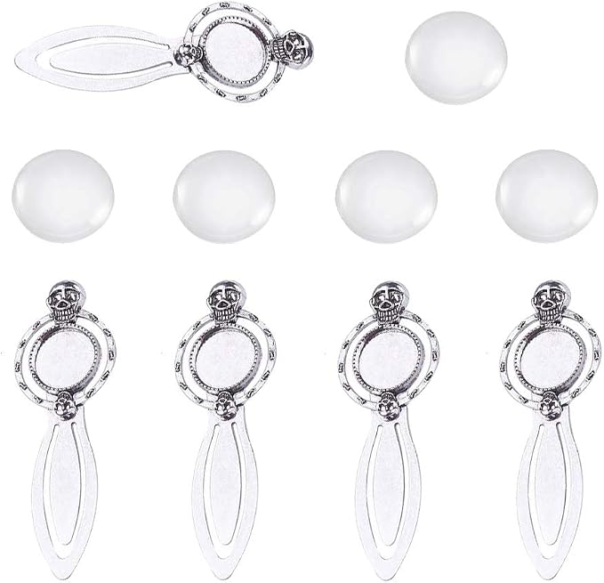FASHEWELRY 20Pcs Antique Silver Bookmark Pendant Tray Kit Include 10Pcs 18mm Skull Head Round Blank Bezel Base Setting Charms with 10Pcs Clear Glass Dome Tiles Cabochons