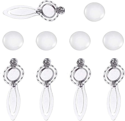 FASHEWELRY 20Pcs Antique Silver Bookmark Pendant Tray Kit Include 10Pcs 18mm Skull Head Round Blank Bezel Base Setting Charms with 10Pcs Clear Glass Dome Tiles Cabochons