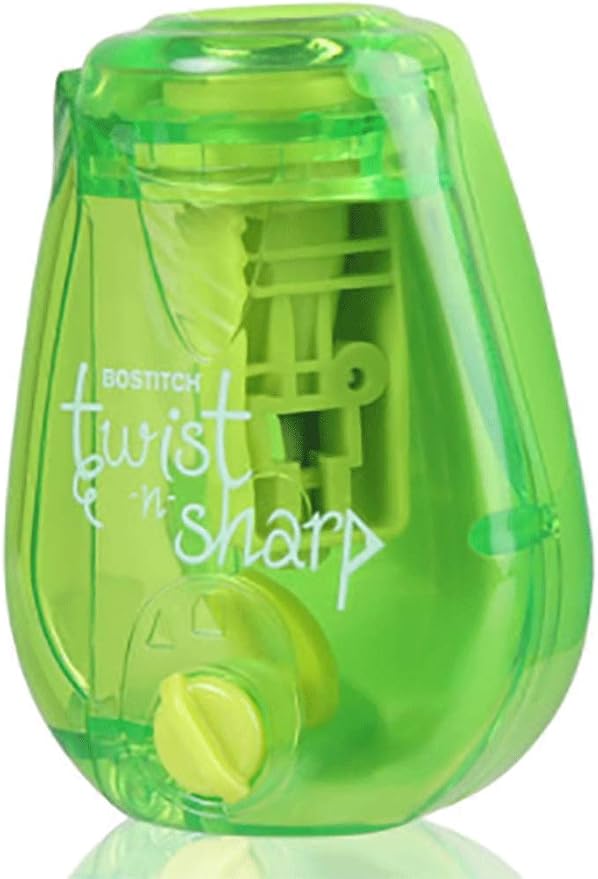 Bostitch Office Pencil Sharpener, Manual, Twist-n-Sharp with Shavings Tray, Kids, Boys, Girls, Colored Pencils, 3-Pack, Lime Green, Blue and Red