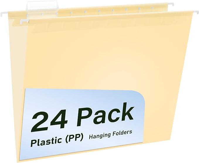 Plastic Hanging File Folders, 24 Pack Manila Hanging Folders，Letter Size with 1/5-Cut Tabs, Strong for Bulk Files, Documents and Paper, Office & Home Filing