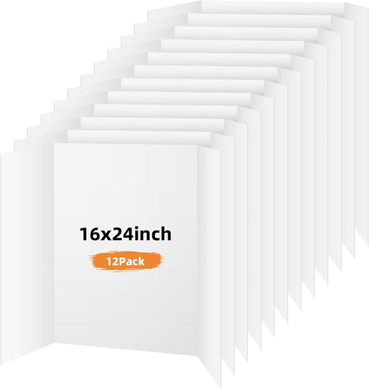 12 Pack Trifold Poster Board, 16x24 Inches White Presentation Board, Portable Display Board for Science Fair, School DIY Project and Business Exhibitions