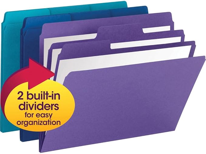 Smead SuperTab Organizer Folder, 1/3-Cut Oversized Tab, 2 Dividers, Letter Size, Assorted Colors, Includes 4 Packs with 3 Folders per Pack, 12 Total Folders (11989)