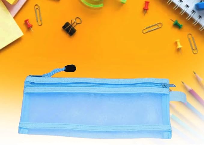 10Pcs Double Layer Mesh File Pouches – Nylon Zipper Bags for A6 Paper Storage, Organize Office Supplies Cosmetics Travel 20.5 x 12 cm(Blue)