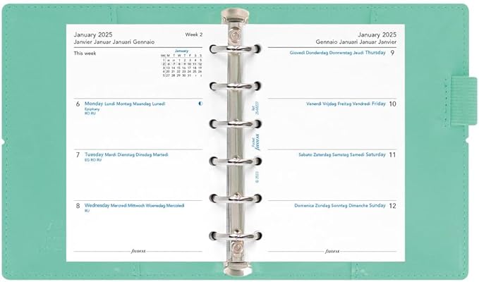 Filofax Domino Patent Organizer, Pocket Size, Turquoise - High-Gloss, Contemporary, Six Rings, Week-to-View Calendar Diary, Multilingual, 2025 (C022513-25)
