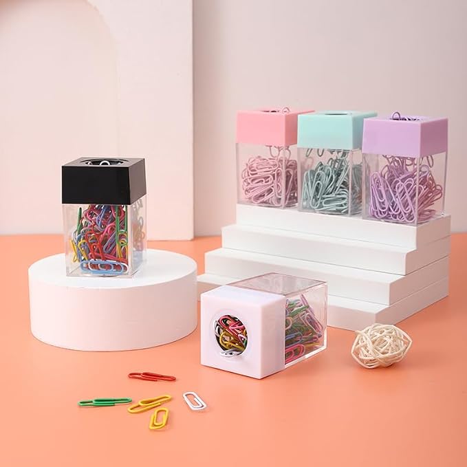 Pink Paper Cilp Dispenser Holder Clear Acrylic Paper Clip Organizers with Top Clip Holders for Desk Cute Office Binder, Office and School Supplies