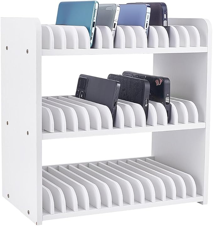 UNICRAFTALE 3-Tier White Wooden Phones Storage 45-Grid Classroom Cell Phone Holder Mobile Phone Desktop Organizer Storages Box Adjustable Multiple Cell Phones Rack Caddy for Classroom Office