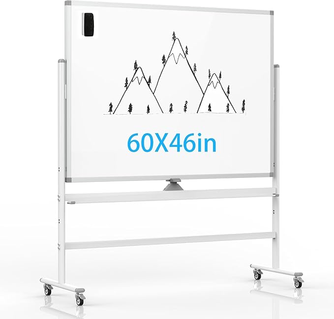 Rolling Whiteboard 60"x46" Magnetic Dry Erase Board with Stand, Double Sided Mobile Whiteboard on Wheels, Non-Foldable Large Portable White Board for Office, Classroom & Home