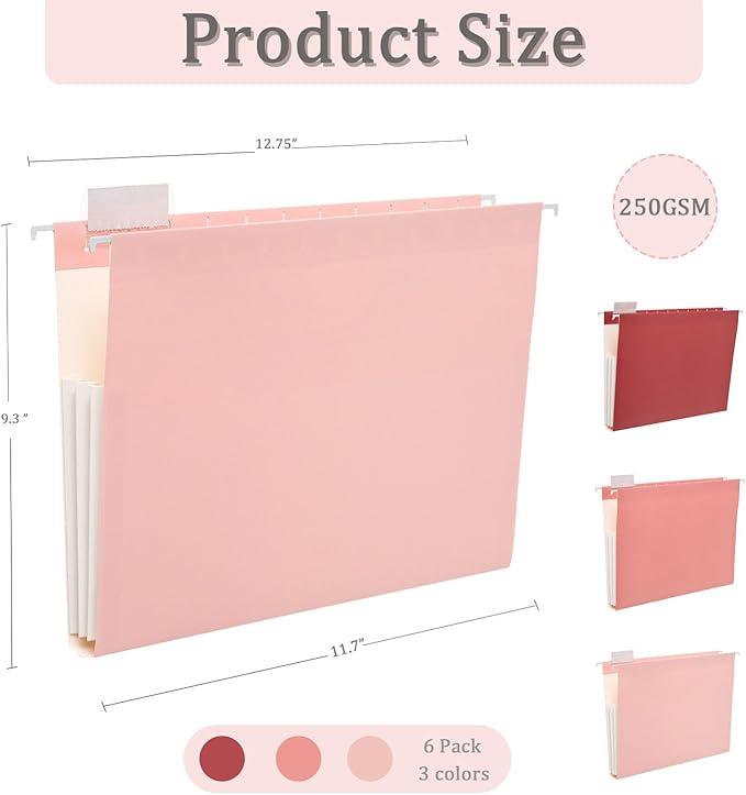 6 Pack Extra Capacity Hanging File Folders Letter Size, Reinforced Expandable Folders with 1/5-Cut Tabs for Filing Cabinets, Durable Office & Home Organizer, Pink