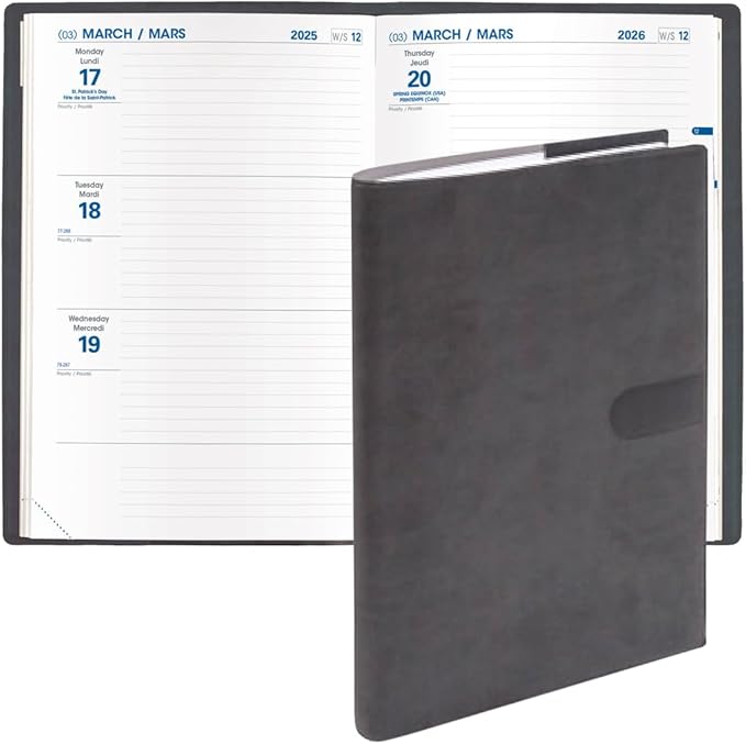 Quo Vadis 2026 Hebdo - Bi-Lingual (EN/FR) - Weekly/Monthly Planner - 12 Months, Jan. to Dec. - 6 1/4 x 9 3/8" - Smooth Faux Suede Texas Charcoal Black Covers - Productivity Time Management Organizer