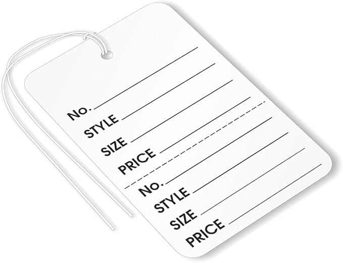 XpressTags (Pack of 1000) 2.875 x 1.75 inch Perforated Garment Tags with Pre-Attached String and Stub (Size - 6), String, 12 Point Cardstock, White