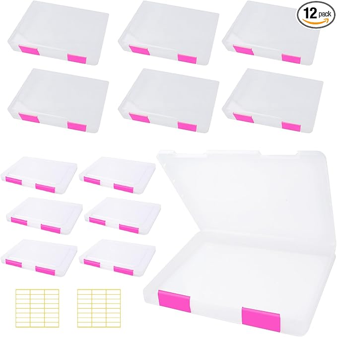 12 Pcs Clear A4 A5 File Box Document Plastic Storage Box with 48 Labels File Holder Organizer Paper Plastic Case Magazine Protector with Buckle Office School Supplies(Pink)