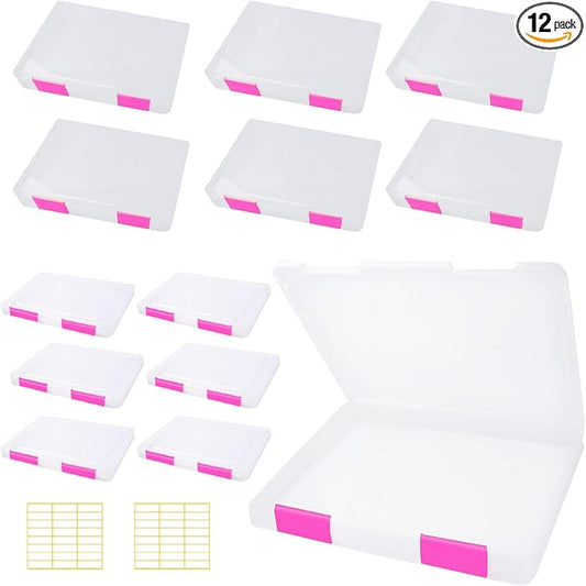 12 Pcs Clear A4 A5 File Box Document Plastic Storage Box with 48 Labels File Holder Organizer Paper Plastic Case Magazine Protector with Buckle Office School Supplies(Pink)