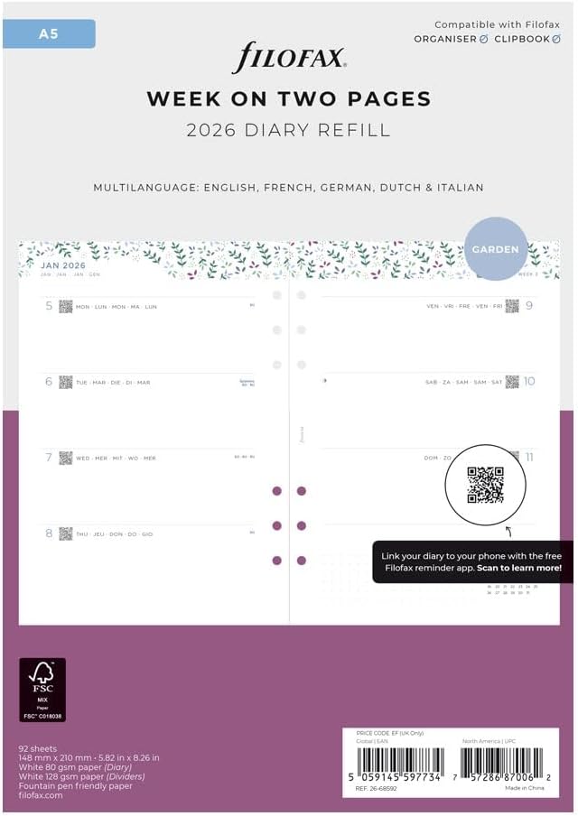 Filofax Calendar Diary Refill, A5 Size, Week-to-View, Garden Minimal Diary Pack, Multilingual: Five Languages, 2026 (C68592-26)