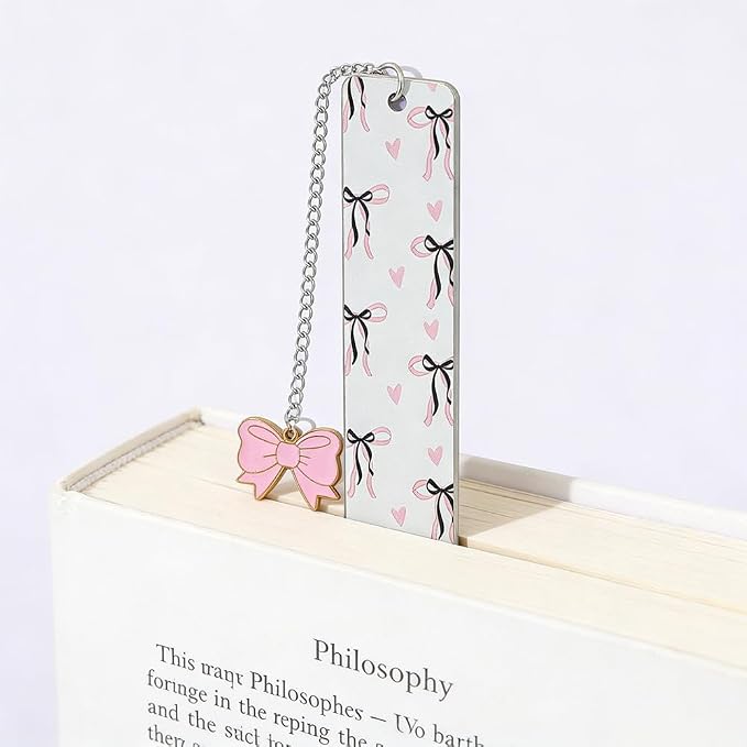 Pink Bow Metal Bookmark Gift Silver Chain Pendant with Bow for Women's Christmas Gift Book Lover Book Accessories School Supplies Office Stationery (Pink Bow Bookmark 2PCS)