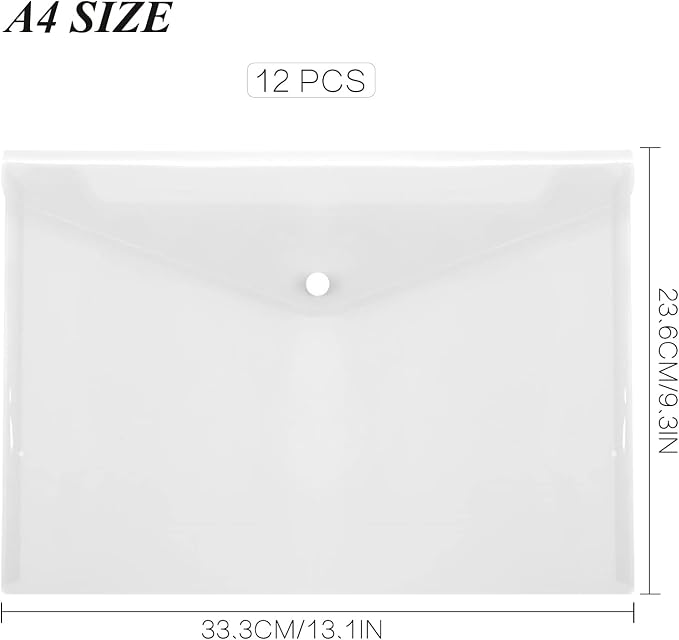 Toplive File Folders,12 Packs Plastic Envelopes Clear A4 Letter Size Waterproof Poly Envelopes Folders with Snap Closure for Office School Supplie