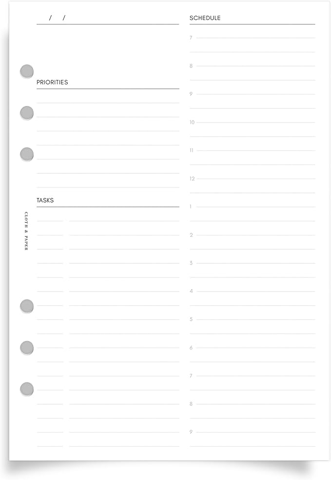 Cloth & Paper Daily Planner Inserts – A5 Size 6-Ring Punched Refill Pages – Undated 90 Pages (45 Double-Sided), Schedule 7AM–9PM, Priorities & Tasks – Minimalist Design for Productive Planning