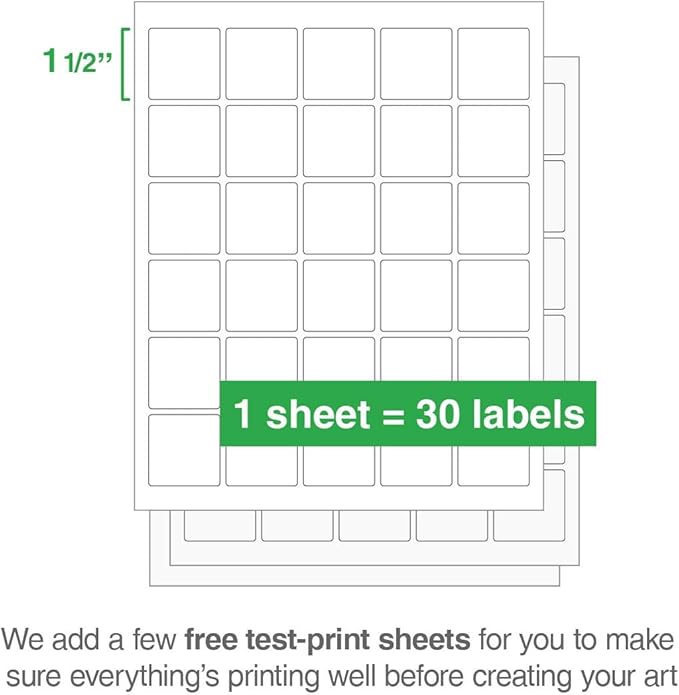 ChromaLabel 1.50 x 1.50 Inch Printable Labels, Compatible with Laser and Inkjet Printers, 750 Stickers per Pack, 25 Sheets, White