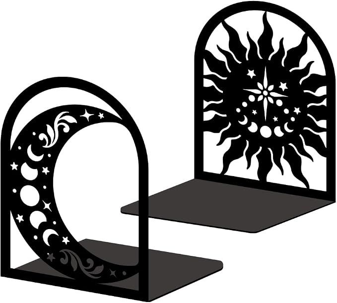 Sun Moon Metal Bookends for Shelves, High-end and Classy Book Ends for Bookshelf Decorative Books, Book Ends for Heavy Books Used for Home Office Desk Organizer and Library Decor