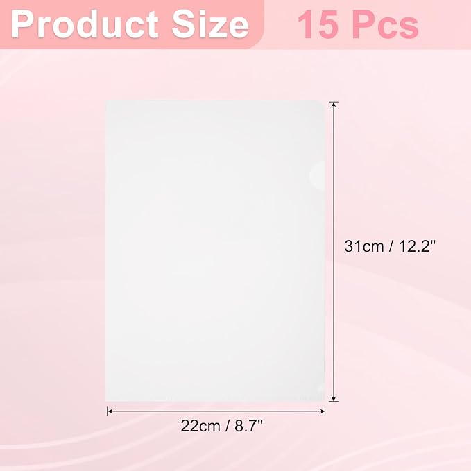 PATIKIL A4 Plastic Folders, 15 Pack Clear Folders L Type Project Pockets Paper Document Jacket Sleeves L Shaped Transparent for Documents Plastic Office File, 8.7x12.2in, Transparent
