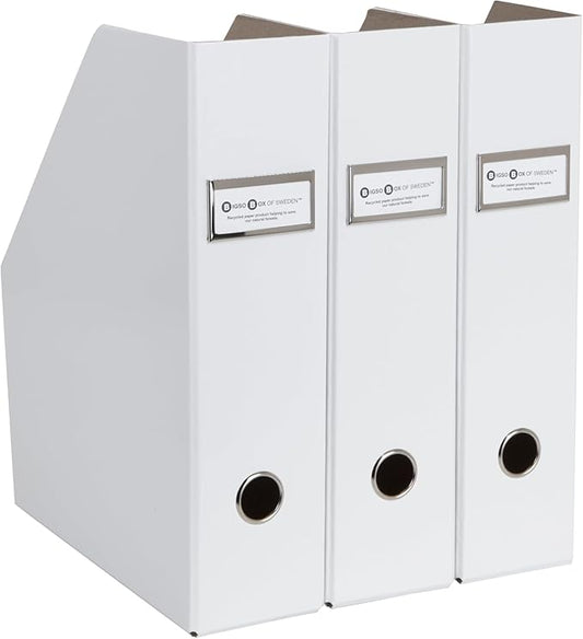 Bigso Fiona 3 Piece Fiberboard Upright Magazine Storage Boxes for Papers with Metal Label Holder - Durable Magazine File Holder for Office Desks - 3.3in x 10in x 12.4in - 3 Piece - White