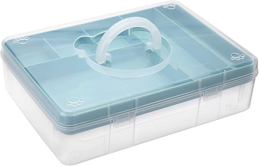 BTSKY 2-Tier Cute Bear Storage Box with Removable Divided Tray Portable Clear Plastic Art Craft Supply Organizer Stackable Home Office Supplies Storage Container for Pens Notes A4 papers etc (Blue)