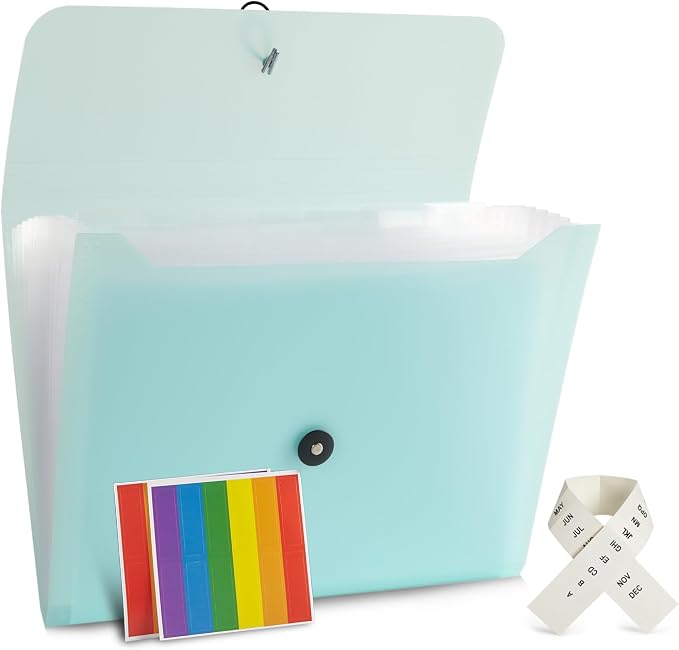 Expanding File Folder File Organizer 13 Pocketsr Accordion Filing Folder for Documents Aesthetic Paper Organizer Folder for Work, School, Home, Office (Transparancy Green)