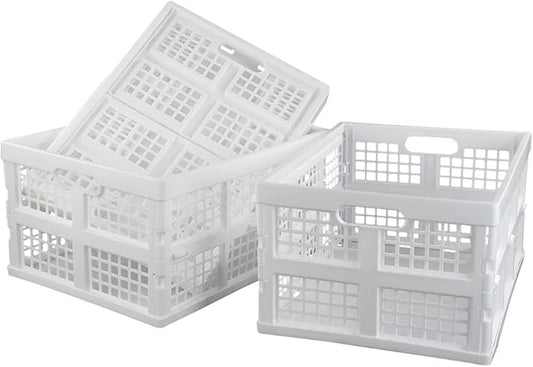Asking 3-Pack 30 L Plastic Stacking Collapsible Crate, Folding Storage Crate, White