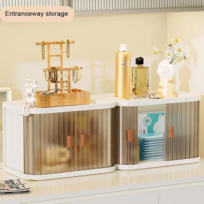 Desktop Storage Box, Foldable and Assembly-Free, Sliding Door Design, Ideal for Cosmetics Organization, Office Desk Storage, and Kitchen Storage