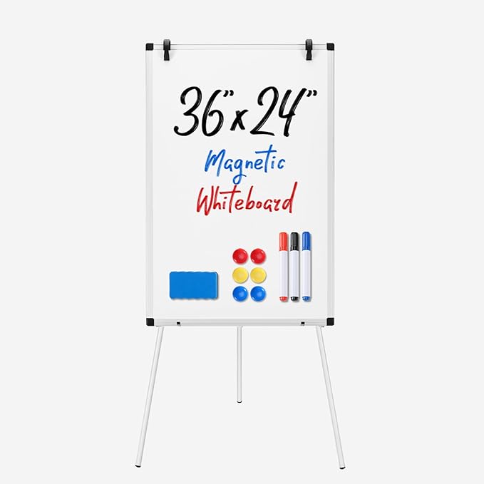 OLIXIS 24" x 36" Magnetic White Board, Standing Dry Erase Board, Whiteboard with 1 Dry Eraser & 2 Multicolor Markers & 4 Magnetic Pins, Aluminium Frame for Home, School, Office, White Sliver