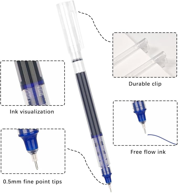 Blue Pens for School Back to School Stuff Rollerball Pens Blue Fine Point Smooth Writing Pen 12 PCS Thin Pen Fine Point for Writing Ink 0.5 Fine Tip
