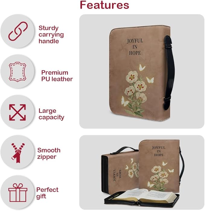 Bible Case with Handle and Zipper, Premium PU Leather Waterproof Bible Cover 11.2 x 8 x 2.2 Inches, Book Case for Standard Size Bibles with Pen Storage, Bible Accessories Gifts (Joyful)