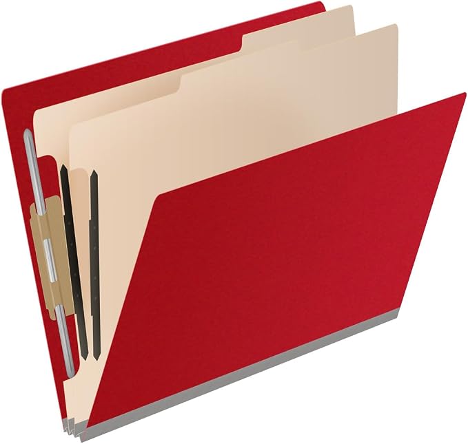 25 Pt. Pressboard Classification Folders, Full Cut End Tab, Letter Size, 2 Dividers, Deep Red (Box of 10)