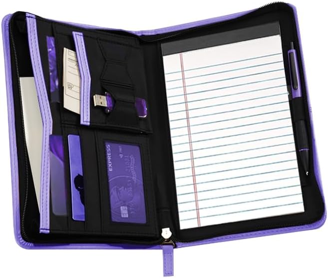 Lcjtop Junior Business Padfolio - A5 PU Leather Portfolio Binder & Zippered Binder Folder with 5 x 8 Writing Pad and Interior Storage Pocket Executive Business Organizer for Men Women,Purple