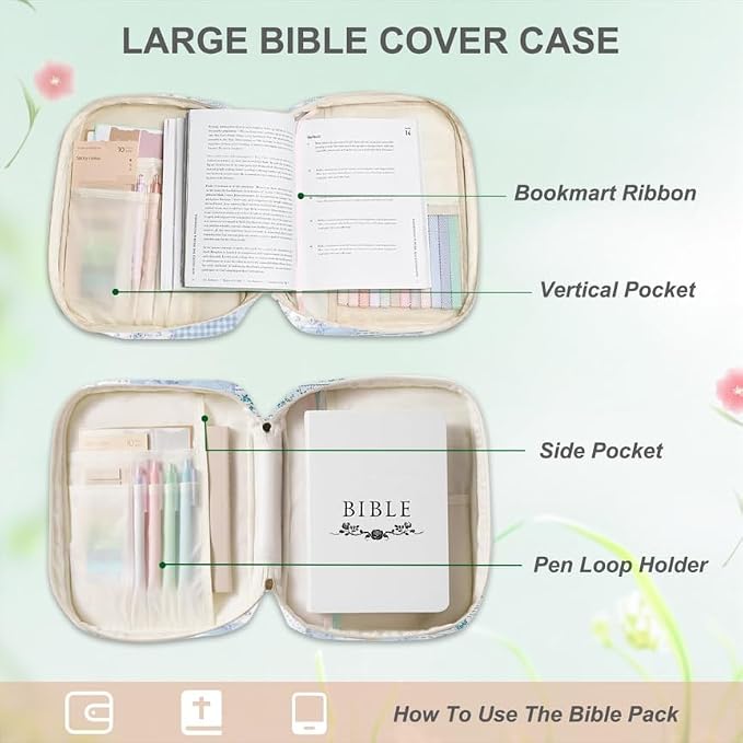 Bible Cover Case for Women, Bible Bags Large Quilted Bible Cover with Bible Study Supplies Accessories Church,Classroom,Campus,Neighborhood Association (Blue,M/L)
