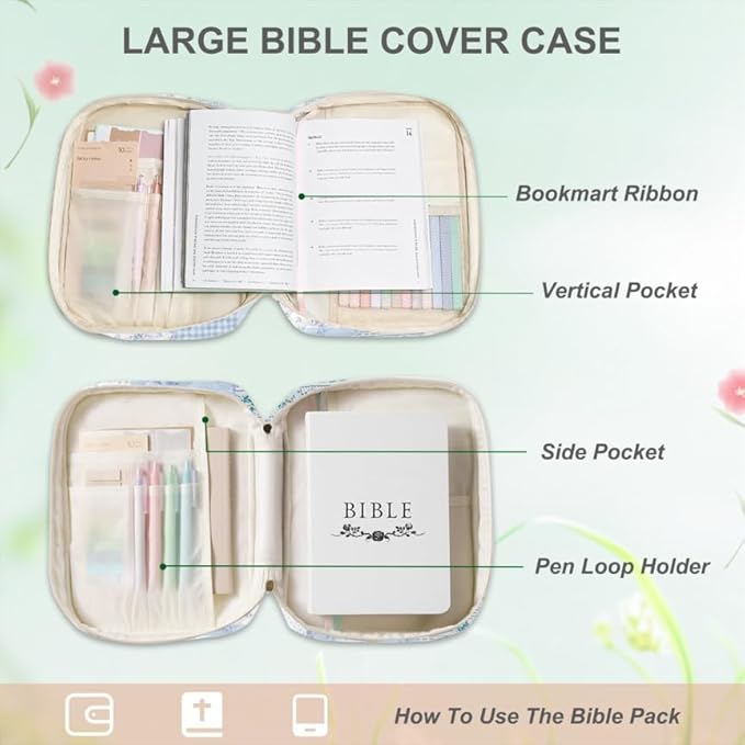 Bible Cover Case for Women, Bible Bags Large Quilted Bible Cover with Bible Study Supplies Accessories Church,Classroom,Campus,Neighborhood Association (Blue,M/L)