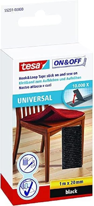 tesa UK On and Off Hook and Loop Sew and Stick Tape, 1 m x 20 mm - Black