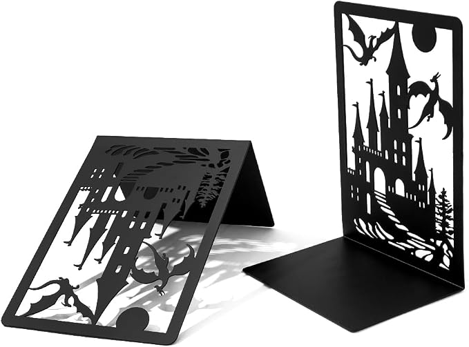 Book Ends, Bookends, Book Ends for Shelves, 1 Pair Non Skid Metal Book Divider Decorative Holder, Abstract Art Desgin Book Stopper Supports for Office, Home (Dragon B)