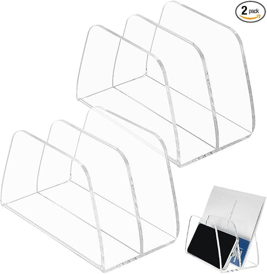 2 Pcs Acrylic Mail Organizer, 2 Compartments Desktop Organizer Holder Clear Small File Script Letter Office Document Storage for Desktop Bill Document Notebook