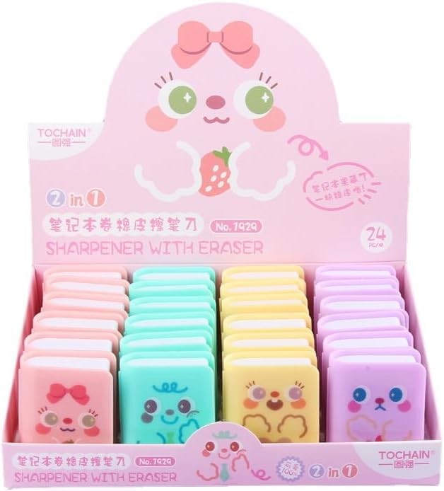 4pcs Multicolour Cute Dual Purpose Book Pencil Sharpener Eraser, Cute Cartoon Student Eraser Pencil Cute,Office and School Supplies