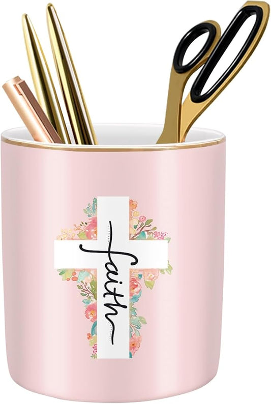 Ceramic Pen Holder for Desk Cute, Pencil Holder Cup, Makeup Brush Holder Pink, Multi-Functional Organizer for Office, Religious Style