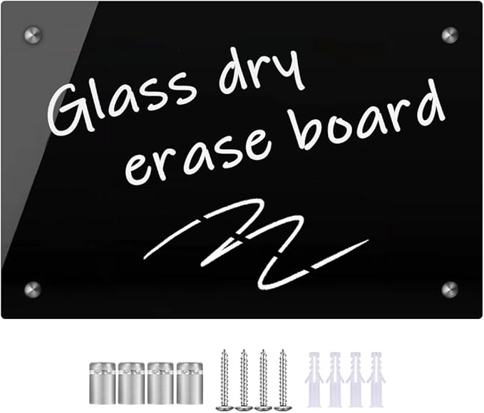 Okydoky Black Glass Dry Erase Whiteboard, 8"" x 12"" Frameless Glass White Board for Home,School,Office,Black Surface（Glass BB-BK-2030）