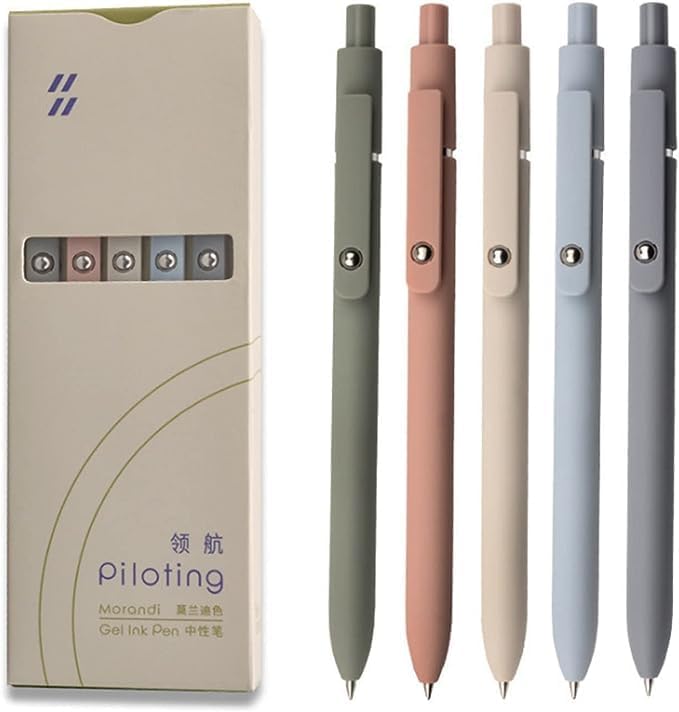 GACHUGOODS - Morandi 5pcs Aesthetic Gel Pens Quick Dry Ink Fine Point Premium Retractable Rolling Ball Black Ink Smooth Writing for School Office Home School Supplies Gifts for Women