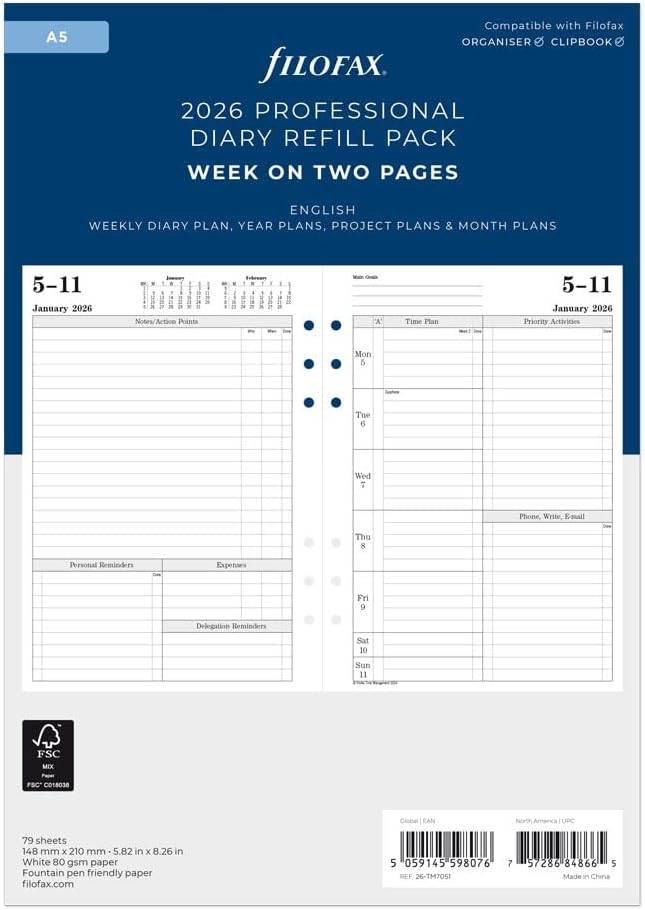 Filofax Calendar Diary Refill, A5 Size, Week-to-View with Appointments, Time Management, White Paper, Ruled, English, 2026 (CTM7051-26)